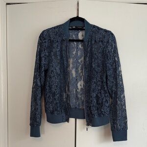 Zara Womens Blue Floral Lace Bomber Jacket Full Zip Sheer Ribbed Trim Size S